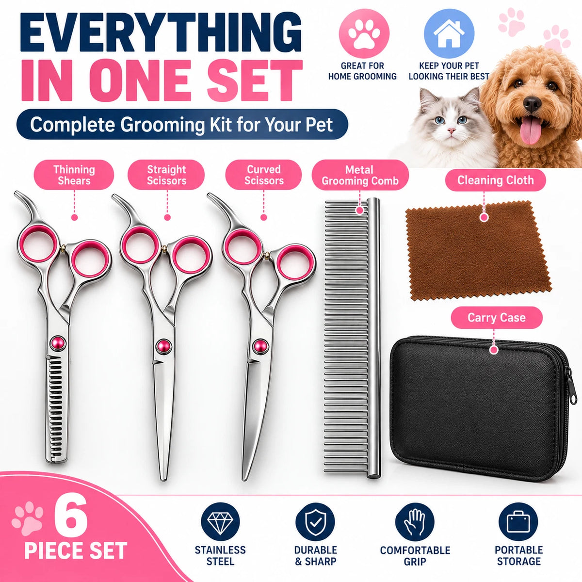 7" Dog Grooming Scissors Set Straight Curved Thinning Shears Stainless Steel