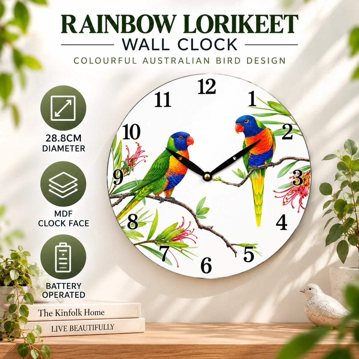 28.8cm Wall Clock Australian Birds Animal Wildlife MDF Round Home Decor