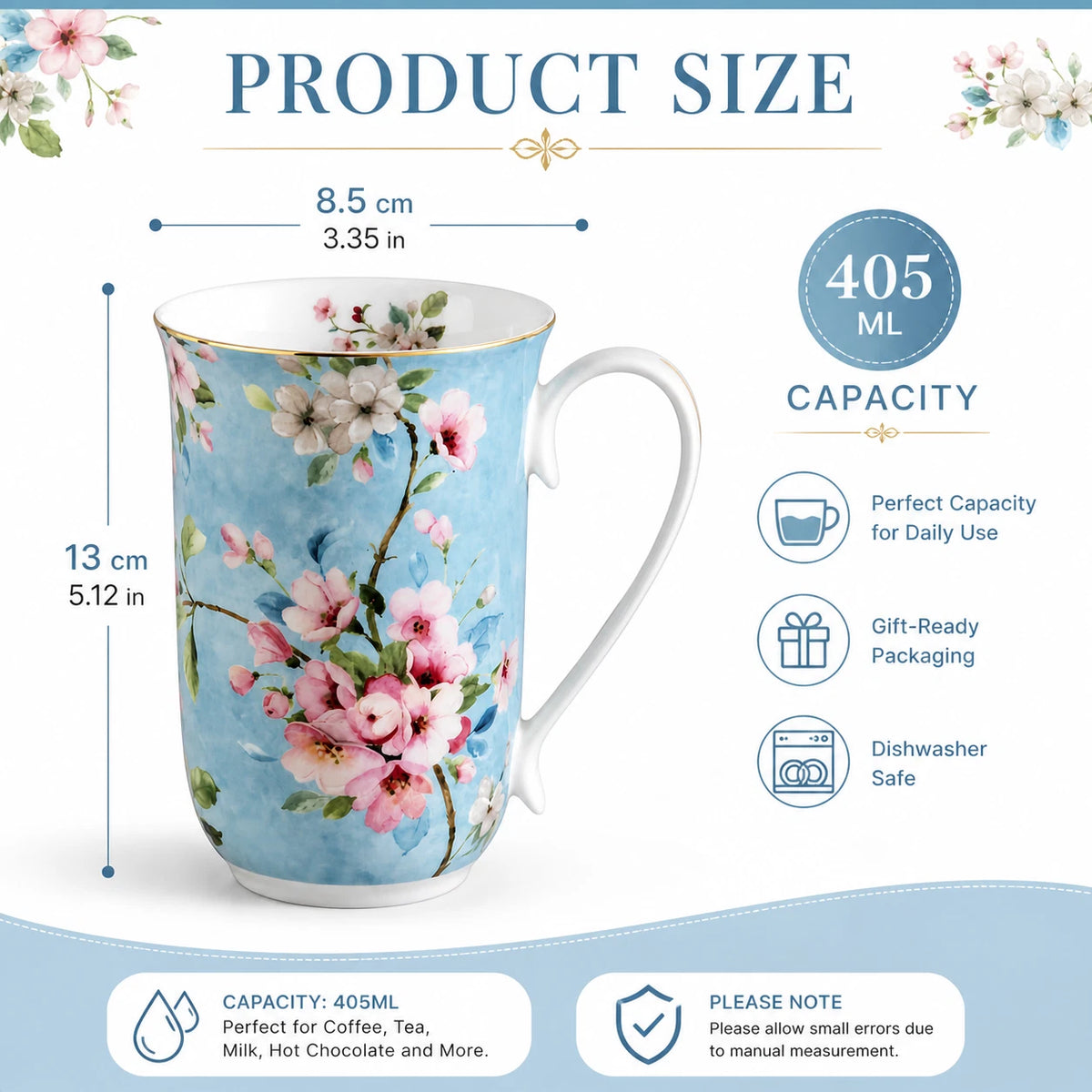 1-6x Blue Floral Porcelain Mug 405ml Vintage Peach Blossom Tea Coffee Cup Daily Gift