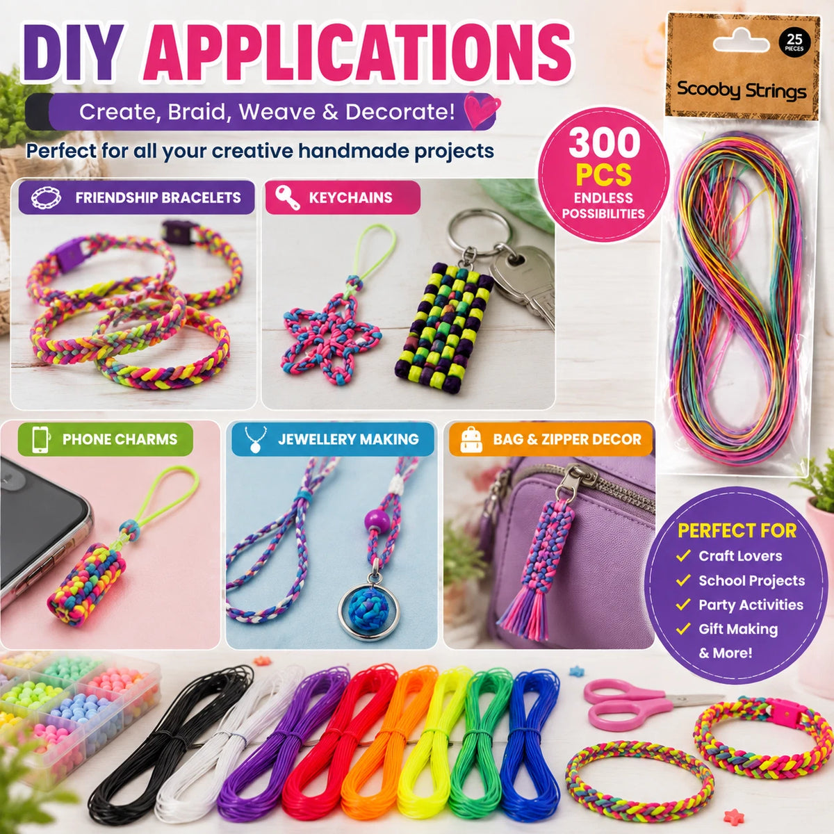 300 PCS Scoubidou Strings 100cm Plastic Lacing Cord Friendship Bracelet DIY Craft