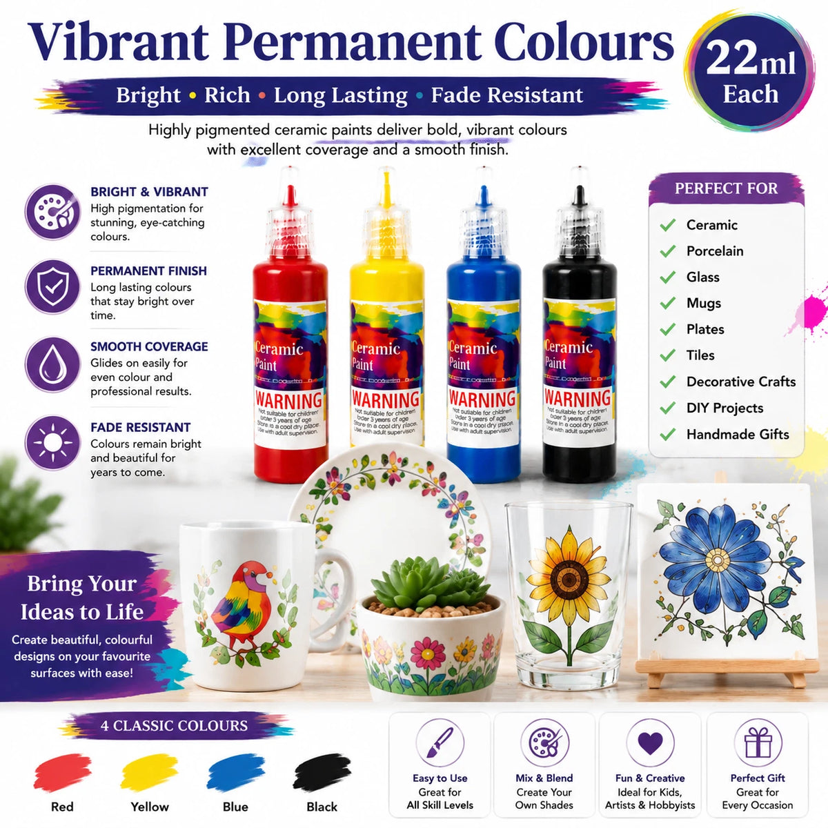 2 Pack Ceramic Paint Set 22ml Permanent Porcelain Mug Glass DIY Craft Art Colour