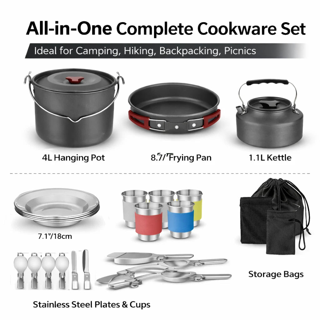 Camping Cookware Set 4 Person Outdoor Cooking Pot Pan Kettle Picnic Hiking Kit