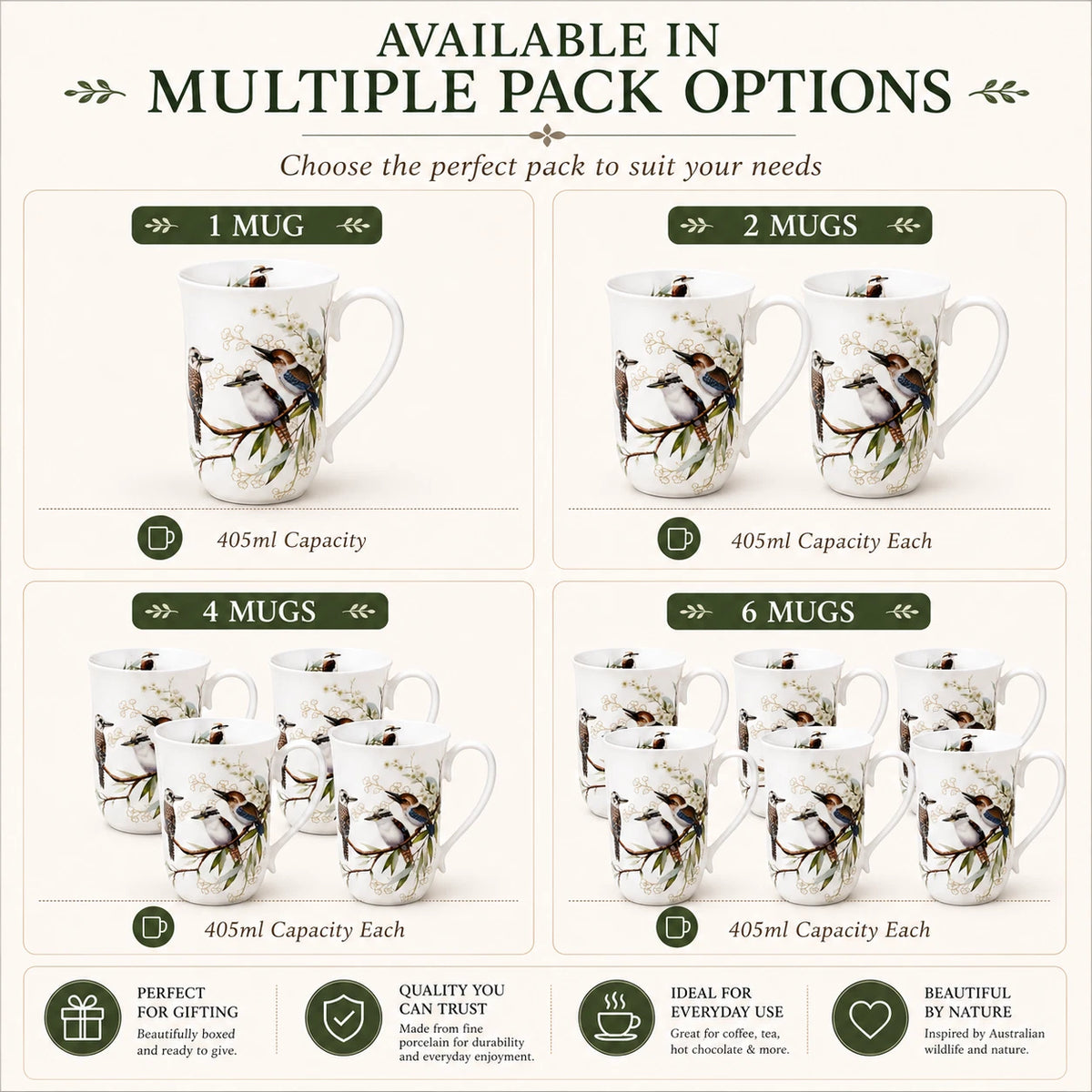1-6x 405ml Fine Porcelain Kookaburra Mug Australian Bird Design Coffee Tea Cup Gifts