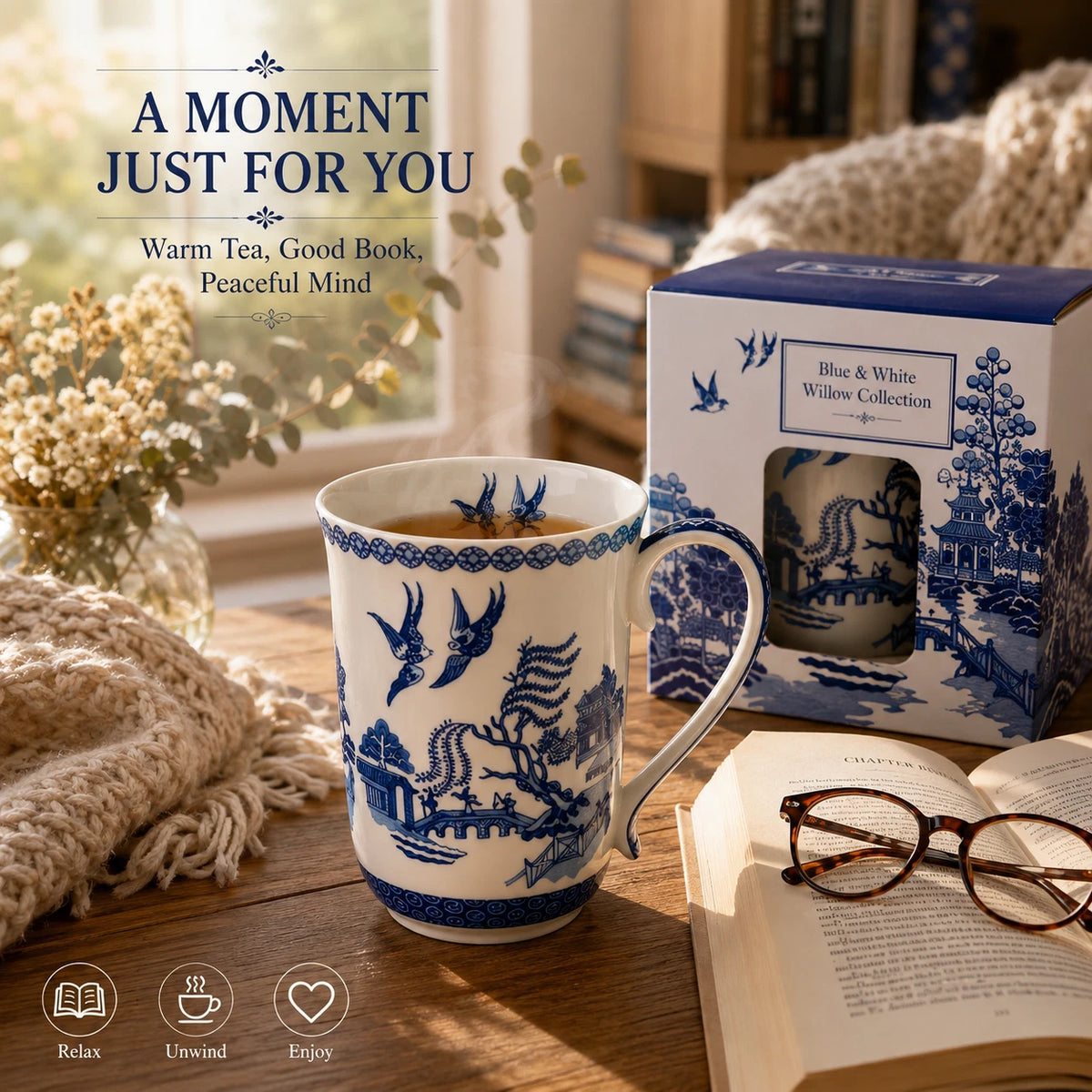 1-6x Classic Blue & White Willow Pattern Mug 405cc Porcelain Tea Coffee Cup Gift Set