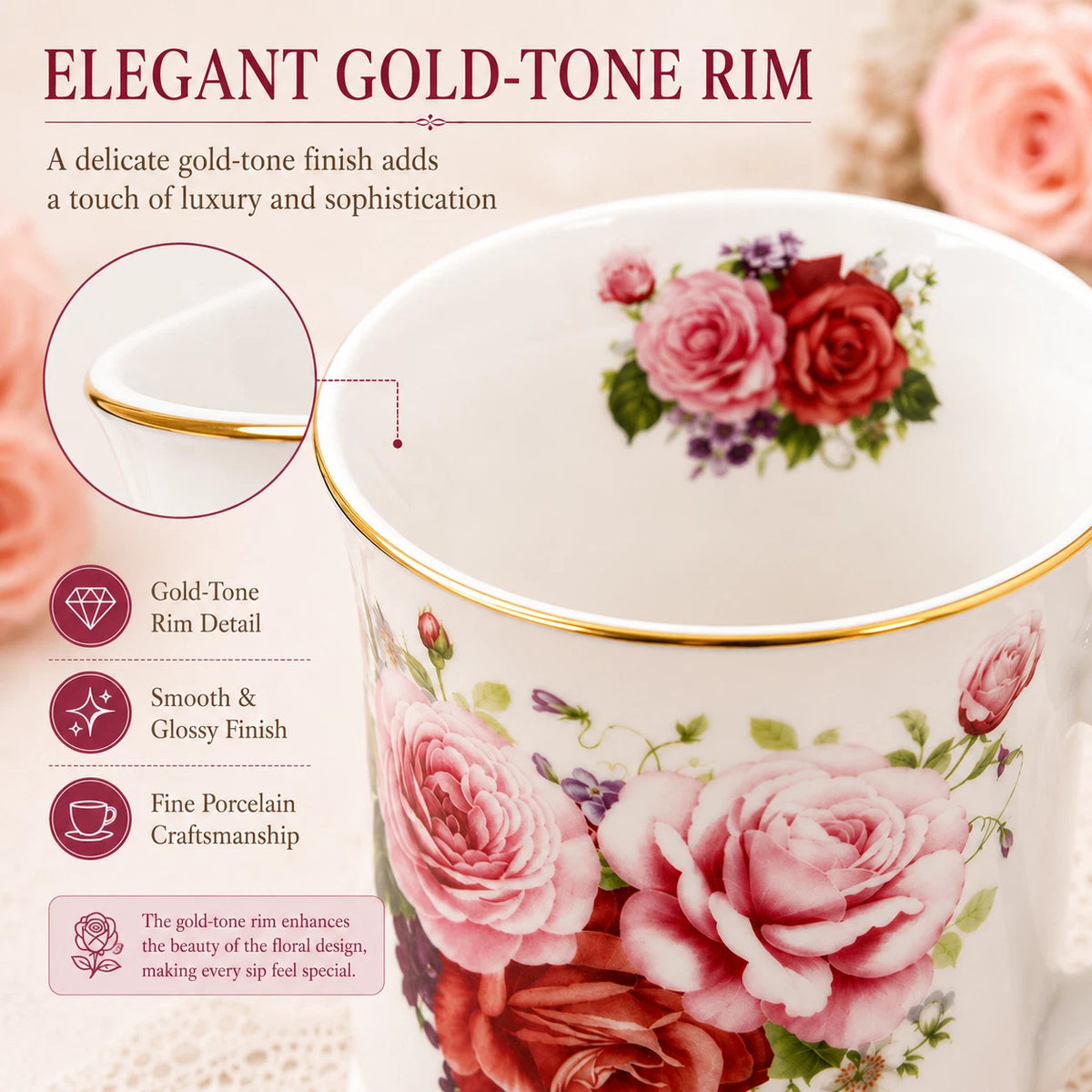 1-6x Vintage Pink Rose Mug 415ml Fine Porcelain Coffee Tea Cup Floral Gift