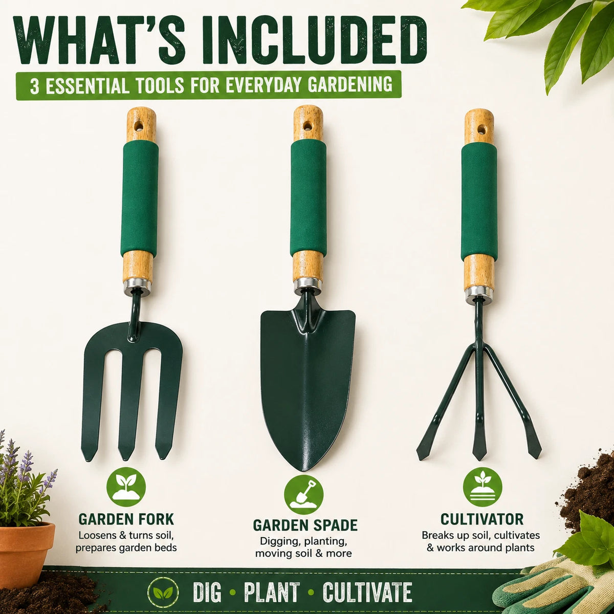 3 Pieces Garden Tool Set Hand Trowel Fork Cultivator Digging Planting Weeding