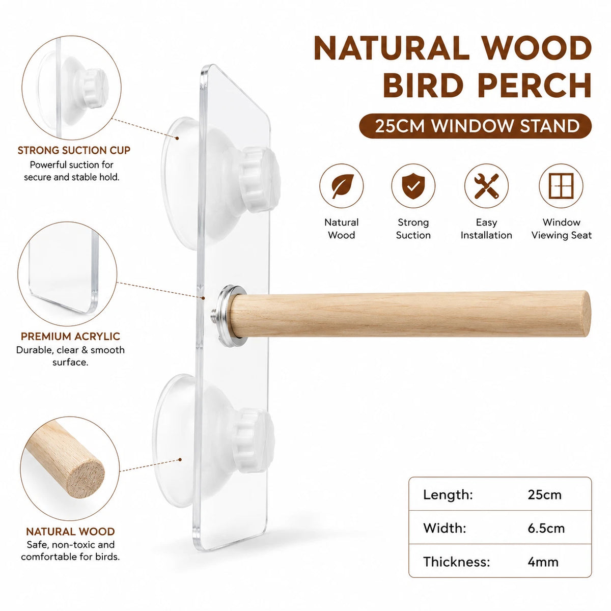 Natural Wood Bird Window Perch 25cm Suction Cup Seat Stand For Budgie Cockatiel