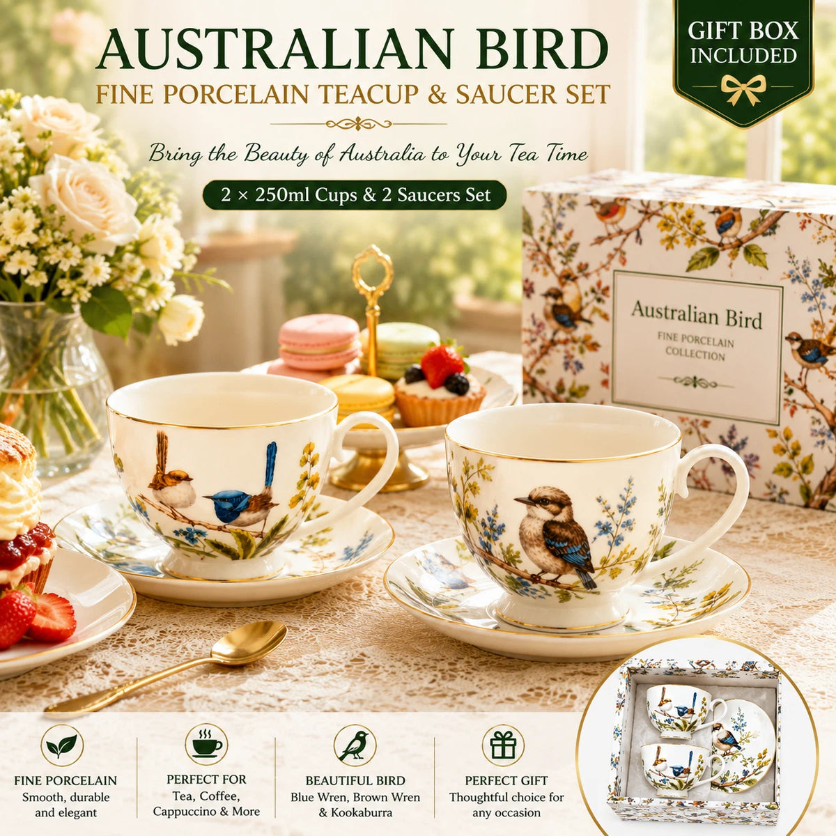 Set of 2 Cups & Saucers 250cc Australian Birds Blue Wren Fine Porcelain Gift Box