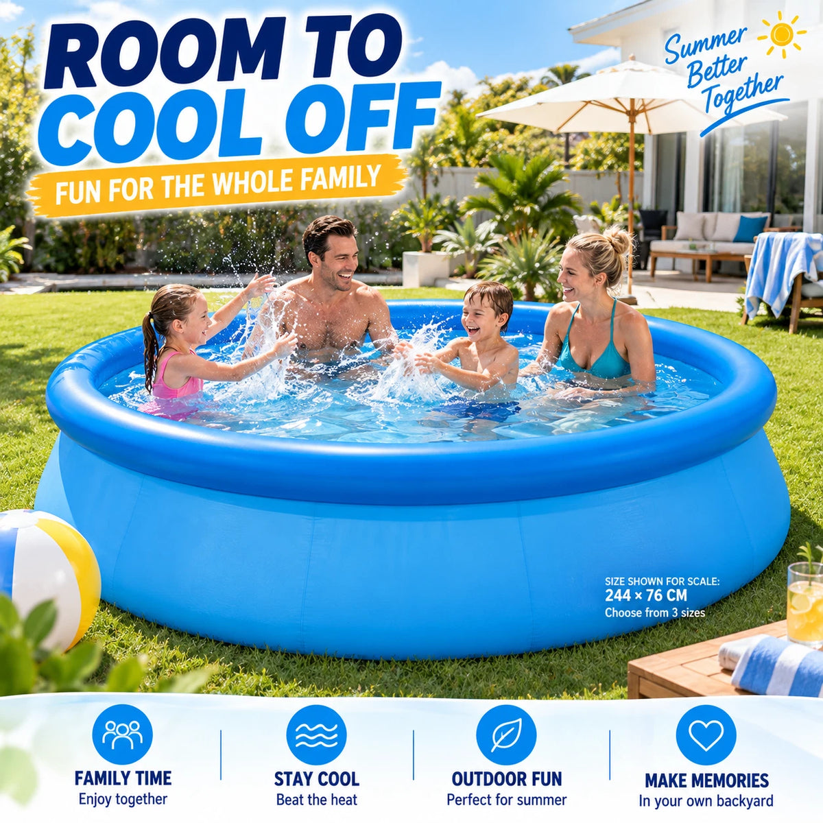 Large Inflatable Round Swimming Pool Easy Set Backyard Family Pool 183/244/305cm