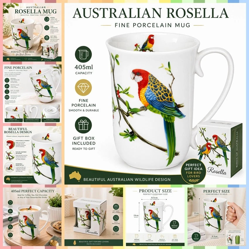 1-6x Australian Rosella Bird Mug 405ml Porcelain Coffee Tea Cup Gift Box Home Decor