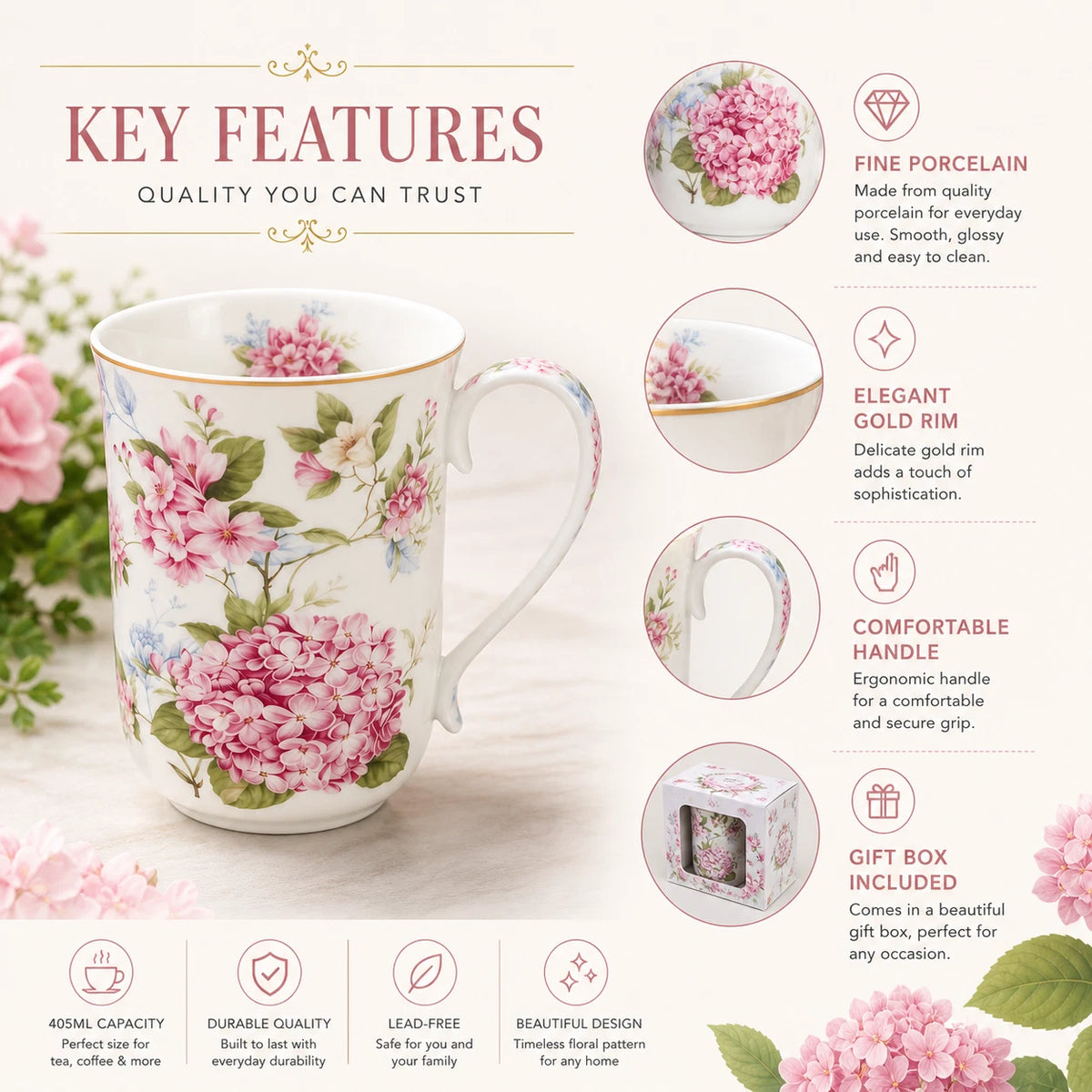 1-6x 405ml Fine Porcelain Mug Pink Hydrangea Floral Tea Coffee Cup Gift Home Office