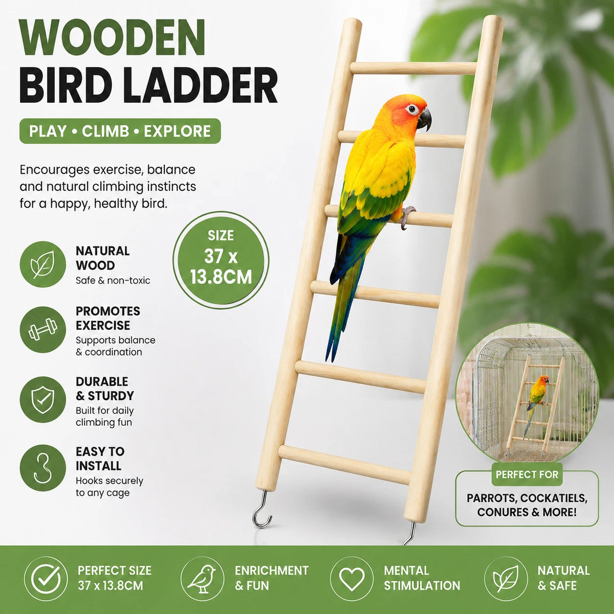 Wooden Bird Ladder Toy 37x13.8cm Parrot Cage Climbing Perch Exercise Accessory