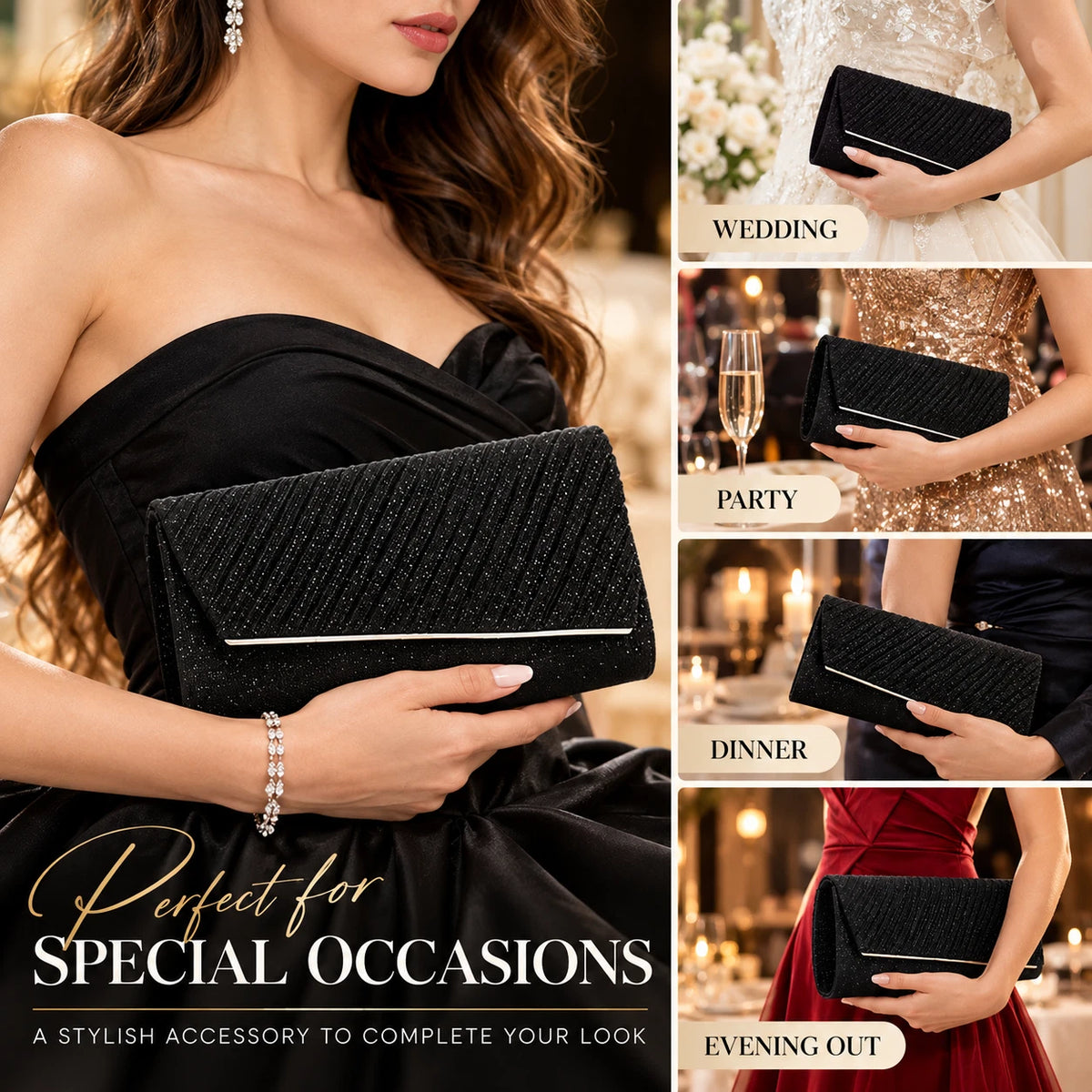 Women Sparkly Evening Clutch Bag Wedding Party Prom Handbag Shoulder Chain Purse