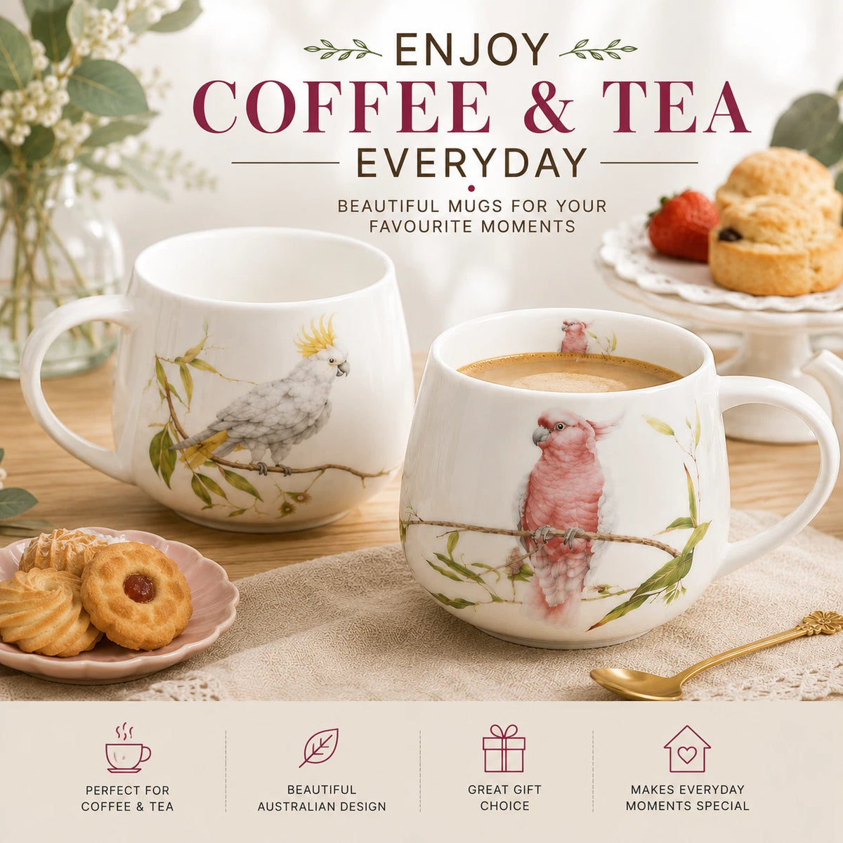 1-6x Australia Bird 400cc Fine Porcelain Coffee Mug Cockatoo Pink Yellow Tea Cup Gift