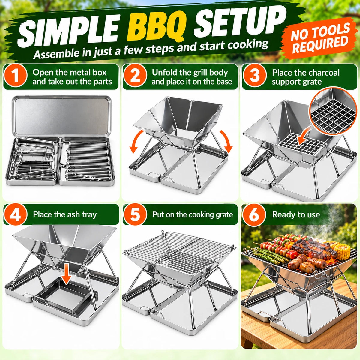 Portable Folding Charcoal BBQ Grill Stainless Steel Camping Outdoor Barbecue Set