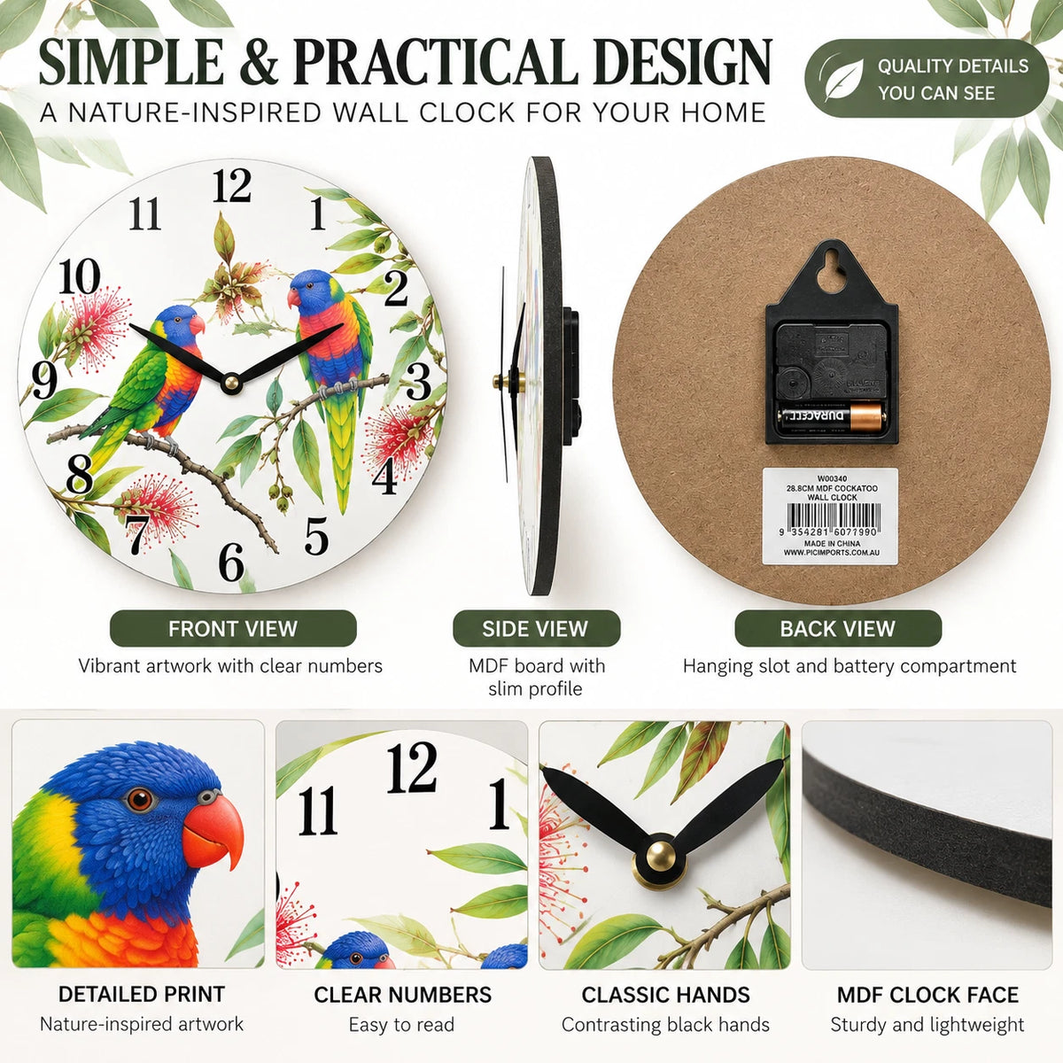 28.8cm Wall Clock Australian Birds Animal Wildlife MDF Round Home Decor