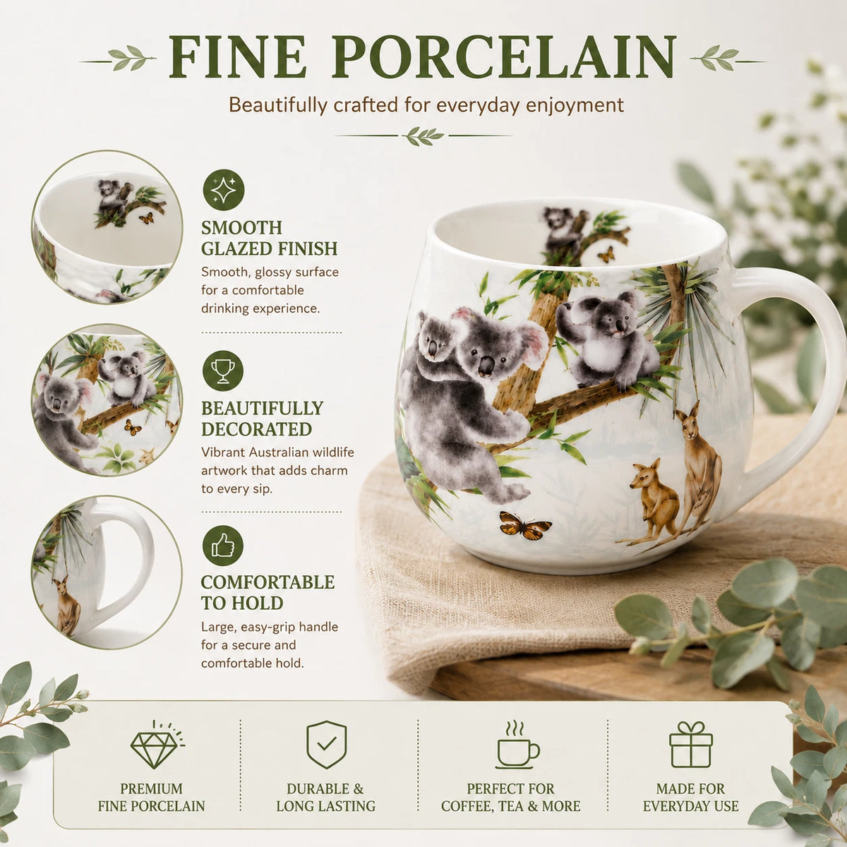 1-6x Australian Wildlife Koala Mug 400cc Fine Porcelain Coffee Tea Cup Gift Box