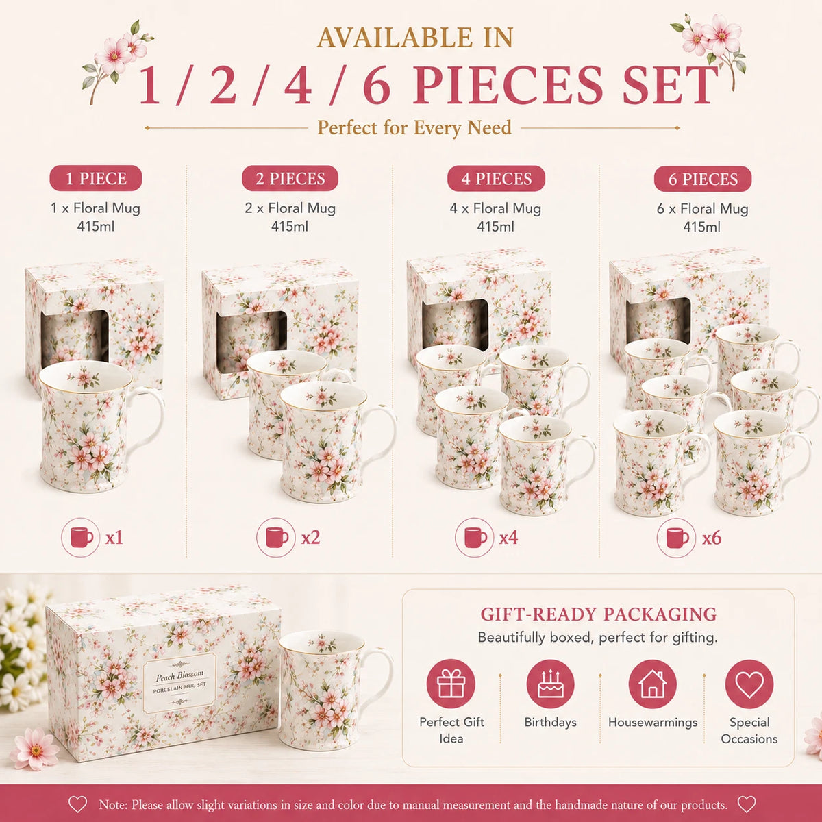 Peach Blossom White Fine Porcelain Mug 415ml Floral Coffee Tea Cup Gift Box 1-6X