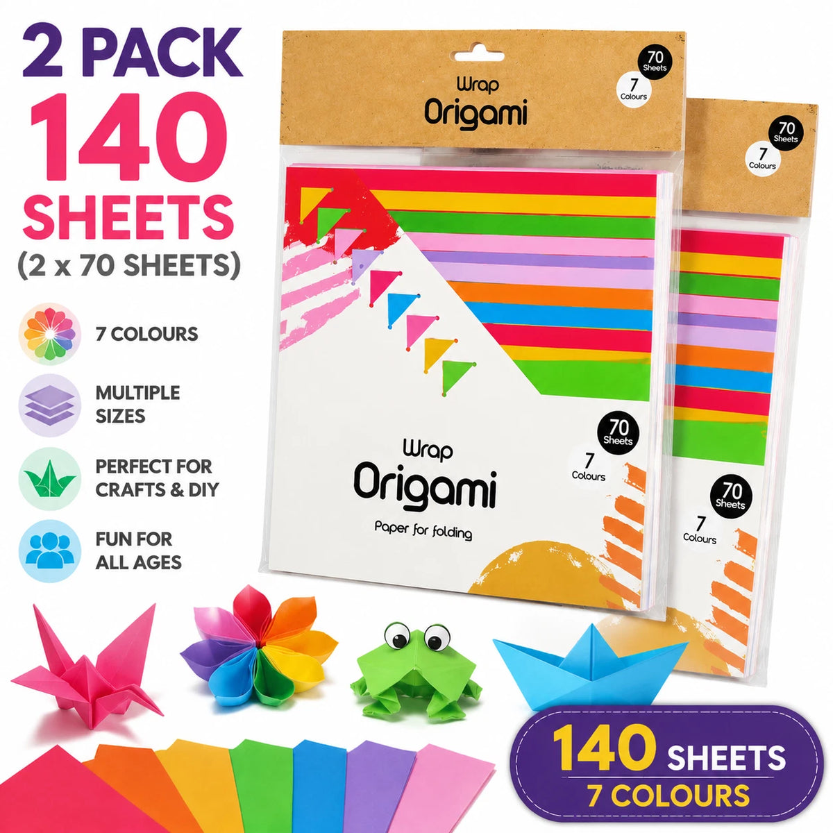2 Pack 70 Sheets Origami Paper 7 Colours Square Folding Craft Paper Mixed Sizes DIY Kid