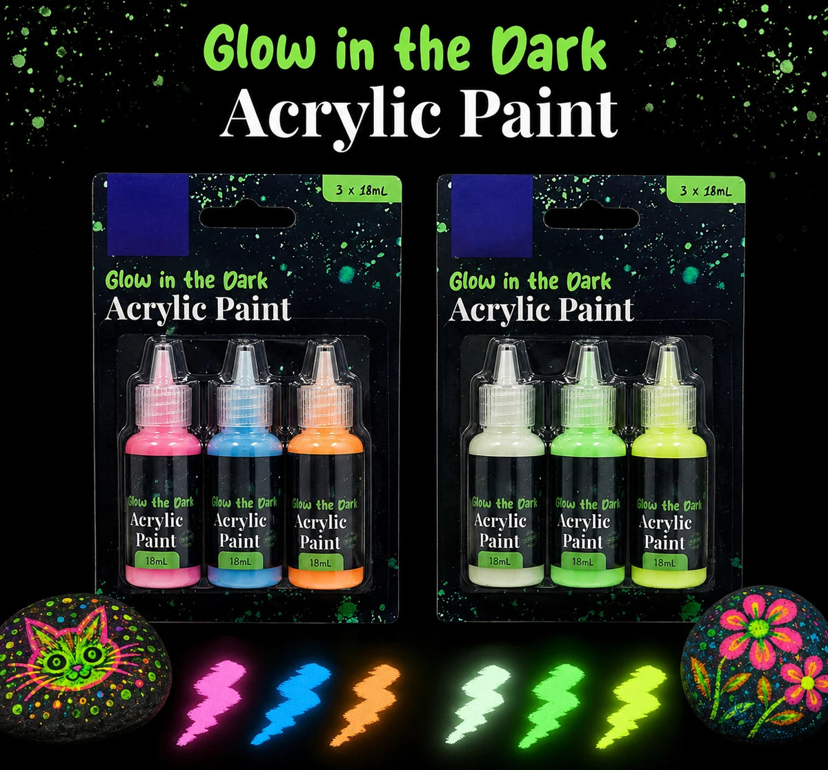 Glow in the Dark Acrylic Paint 2 pack 3 Bottle Set 18ML UV Reactive Neon DIY Craft Arts