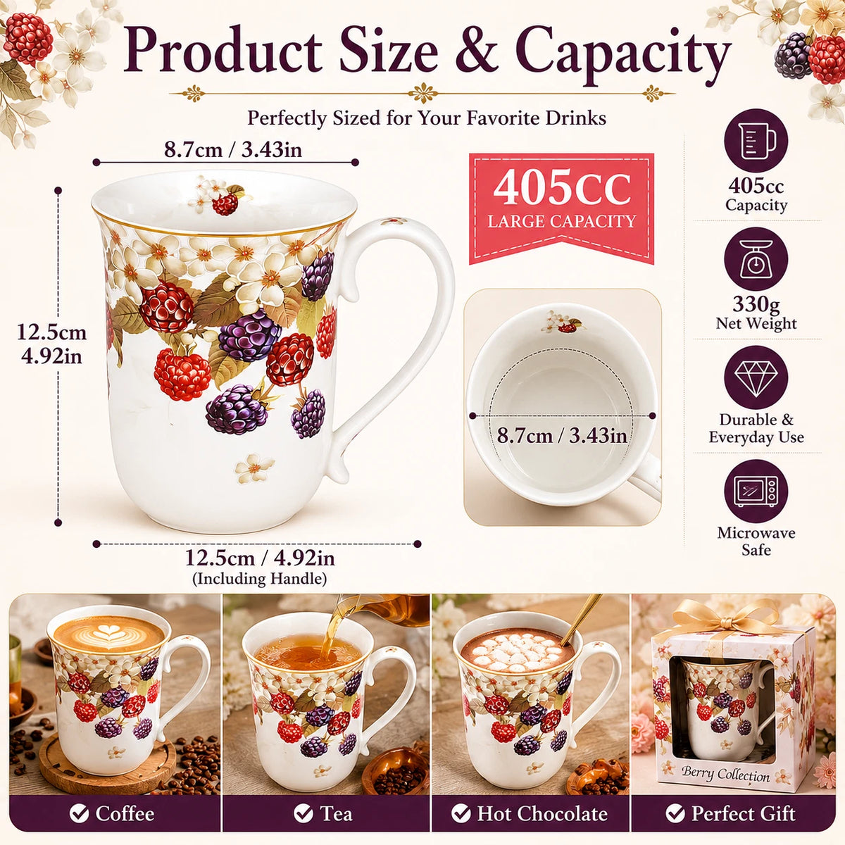 1-6x Wild Berry Floral Fine Porcelain Mug 405cc Coffee Flowers Tea Cup Gift