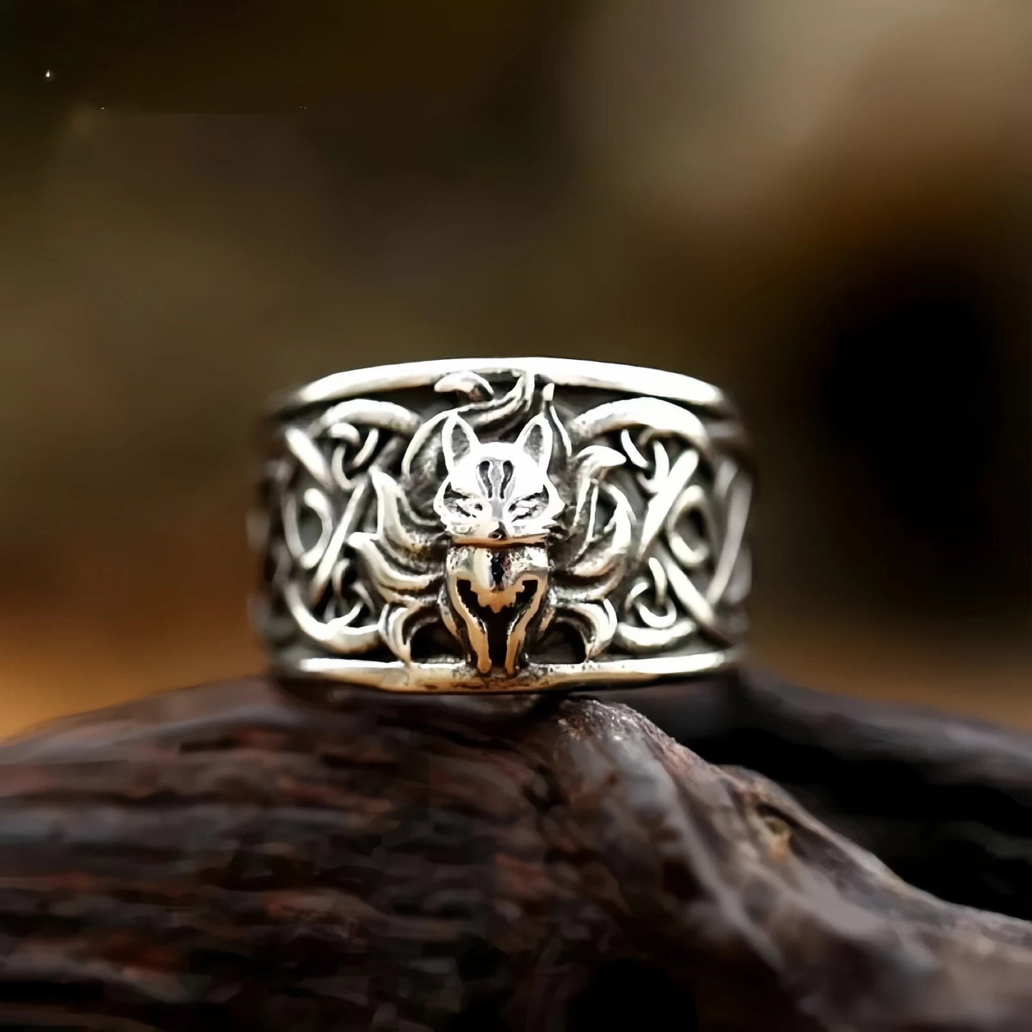 Men Nine-tailed Fox Ring Mythical Spirit Animal Jewelry Celtic Knot Wide Band # R256