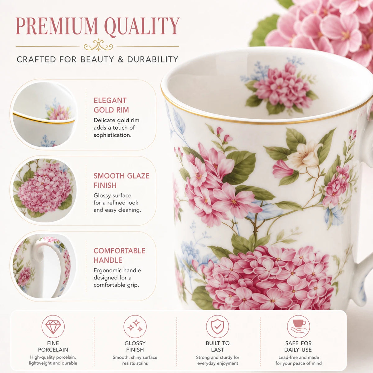 1-6x 405ml Fine Porcelain Mug Pink Hydrangea Floral Tea Coffee Cup Gift Home Office