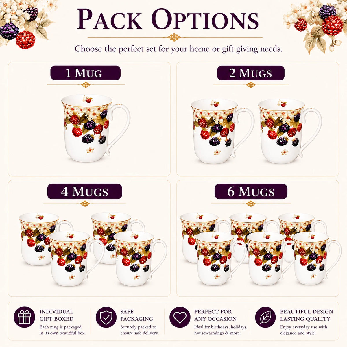 1-6x Wild Berry Floral Fine Porcelain Mug 405cc Coffee Flowers Tea Cup Gift