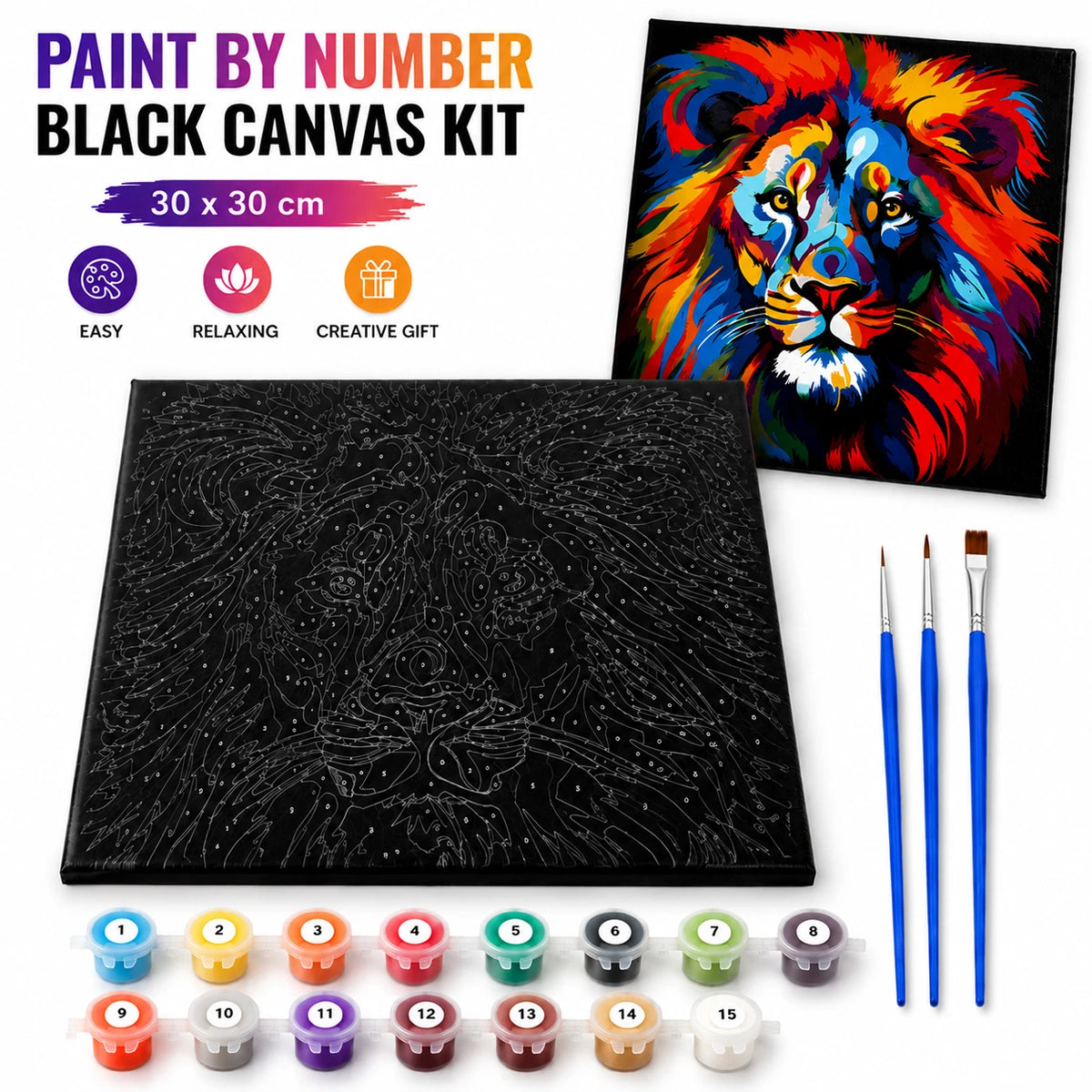 30x30cm Black Canvas Paint By Number Lion Kit DIY Acrylic Painting Art Gift