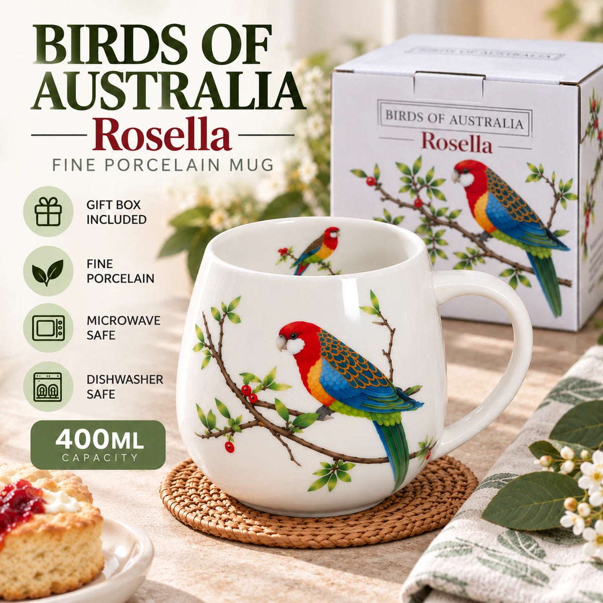 1-6X 400ml Rosella Australian Bird Fine Porcelain Coffee Tea Mug Cup Gift Boxed