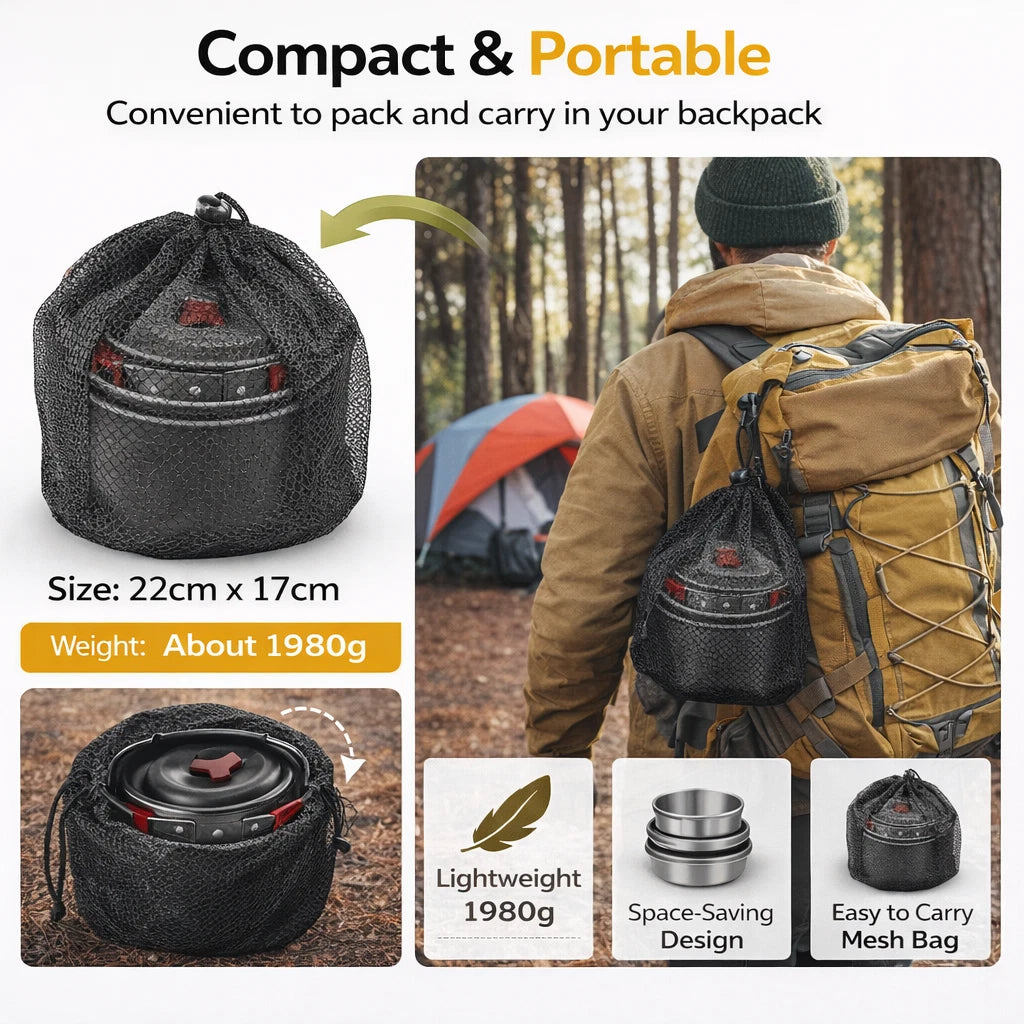 Camping Cookware Set 4 Person Outdoor Cooking Pot Pan Kettle Picnic Hiking Kit