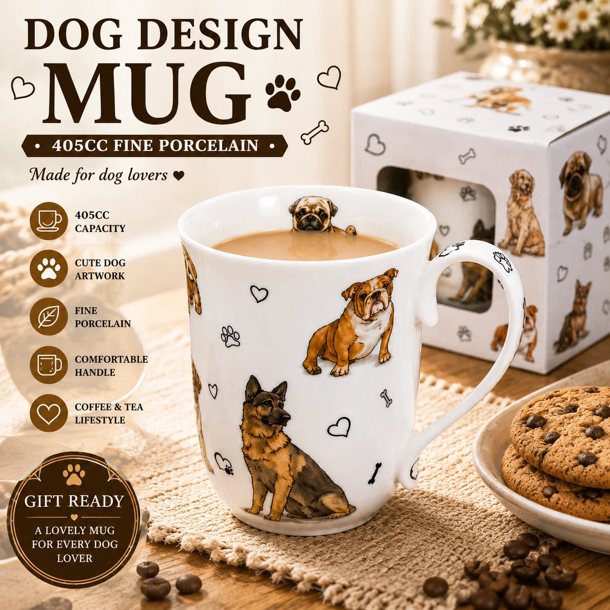 1-6x 405cc Cute Dog Fine Porcelain Mug Coffee Tea Cup Home Decor Gift Box