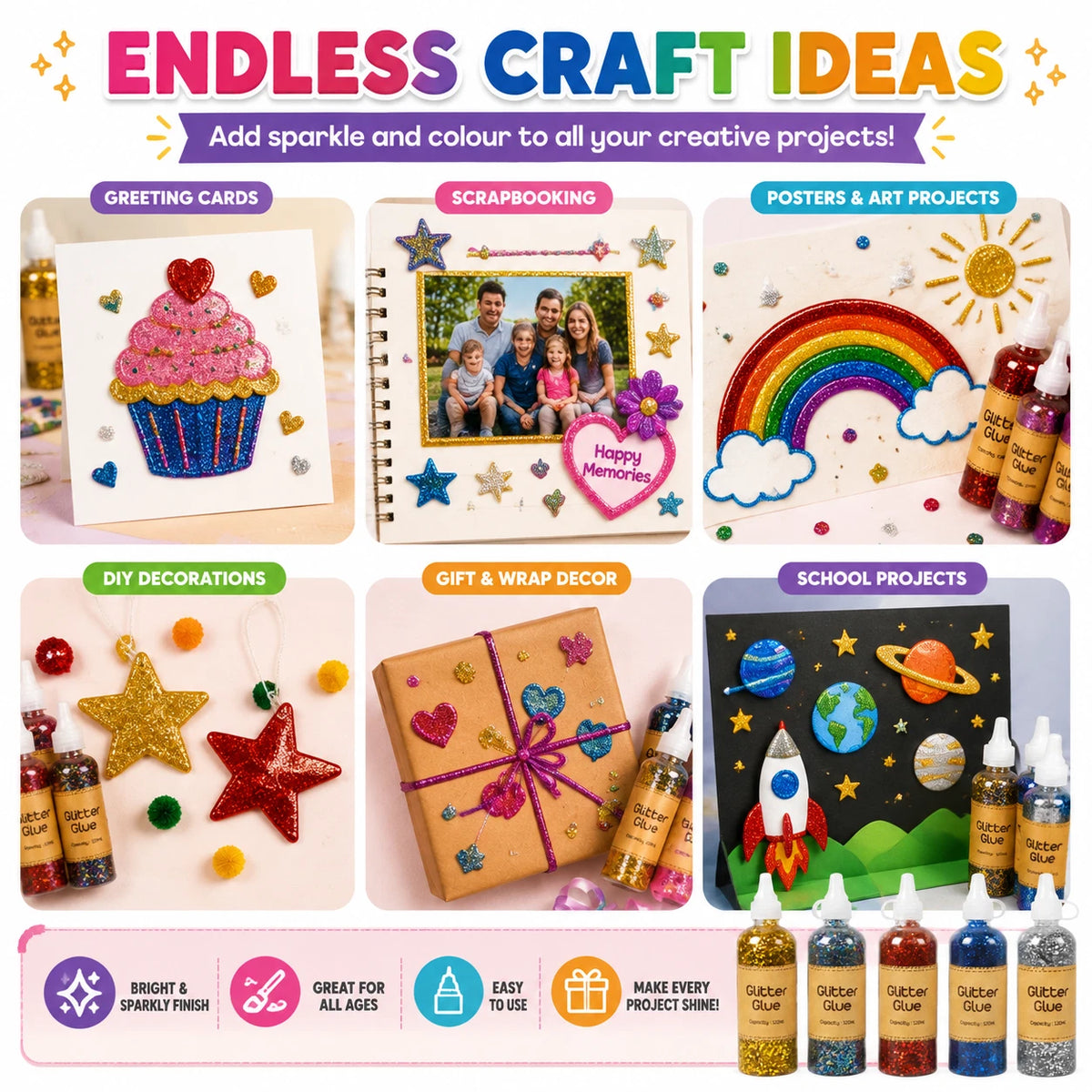5X Craft Glitter Glue 120ml Coloured Gel Kids Crafts Scrapbooking School Project