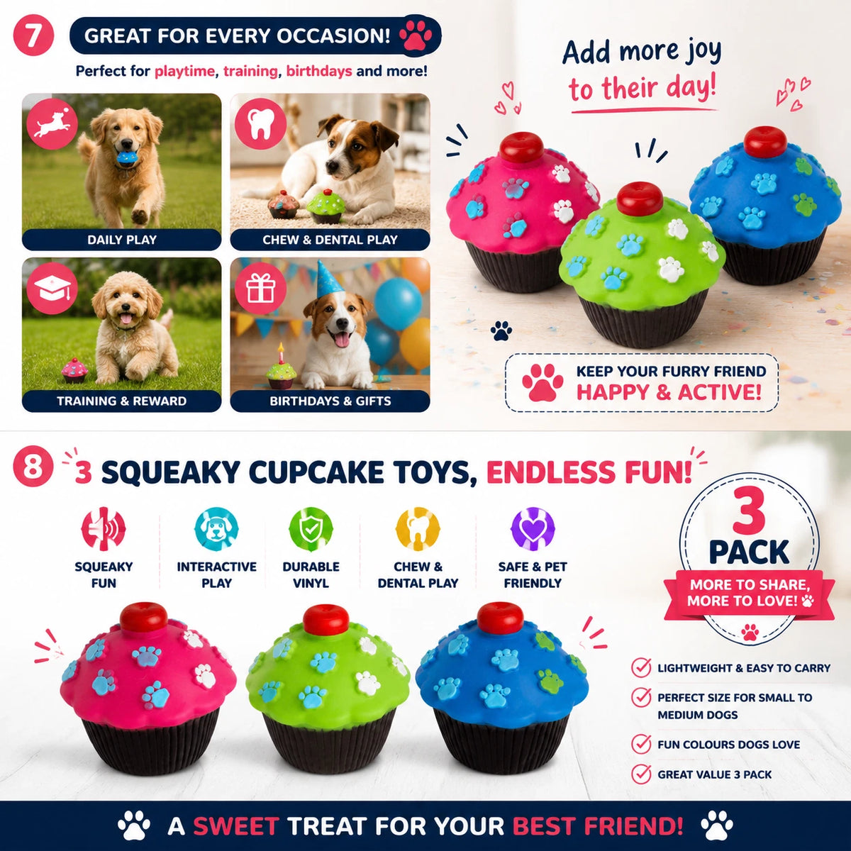 3PCS Dog Squeaky Cupcake Toys Vinyl Chew Puppy Interactive Dental Play Gift 8cm
