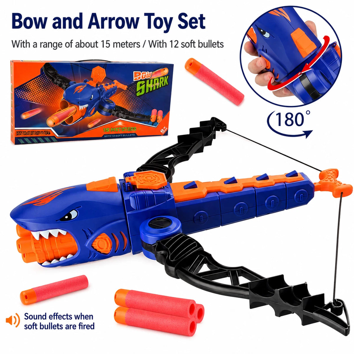 Shark Bow Foam Dart Toy EVA Soft Bullet Launcher 12 Darts Kids Target Game 6+
