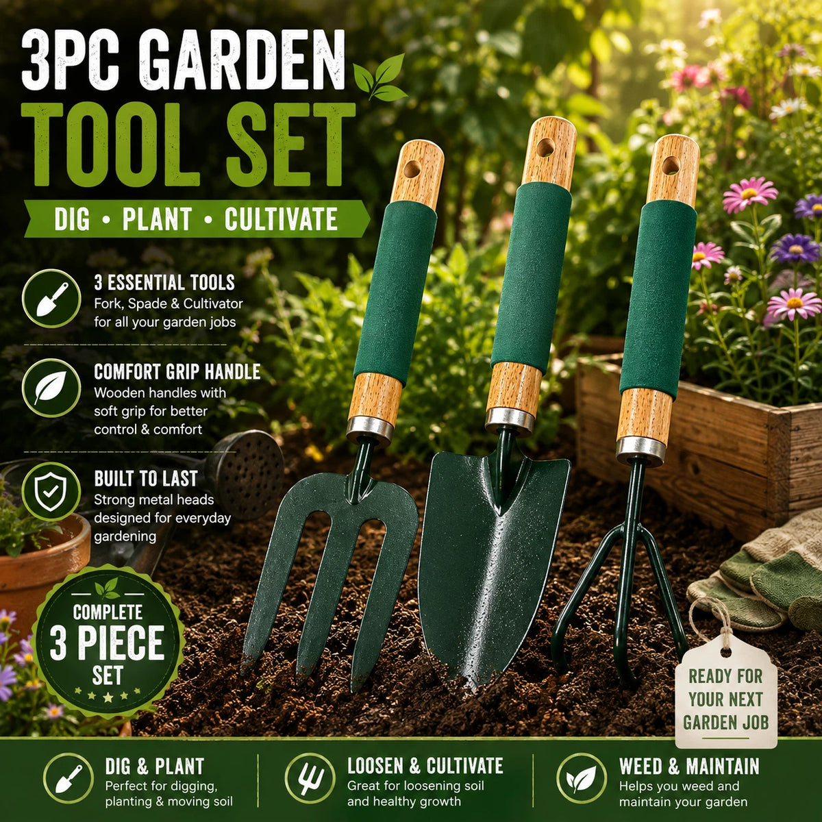 3 Pieces Garden Tool Set Hand Trowel Fork Cultivator Digging Planting Weeding