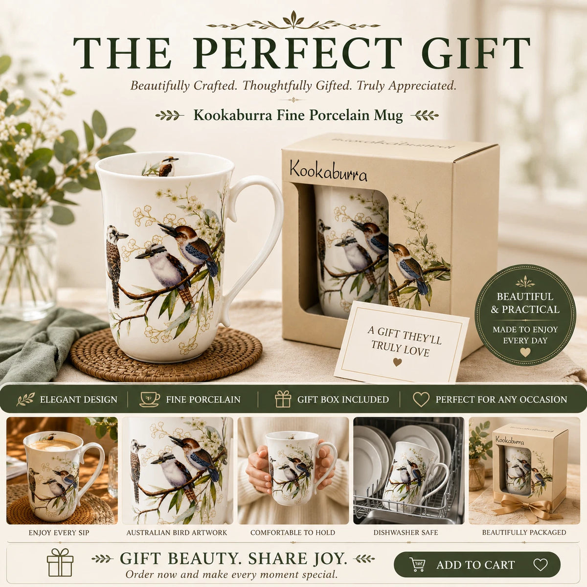 1-6x 405ml Fine Porcelain Kookaburra Mug Australian Bird Design Coffee Tea Cup Gifts