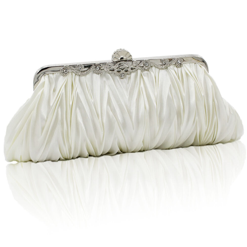 Women Satin Wedding Party Bag Bridal Cocktail Prom Pleated Dinner Evening Clutch