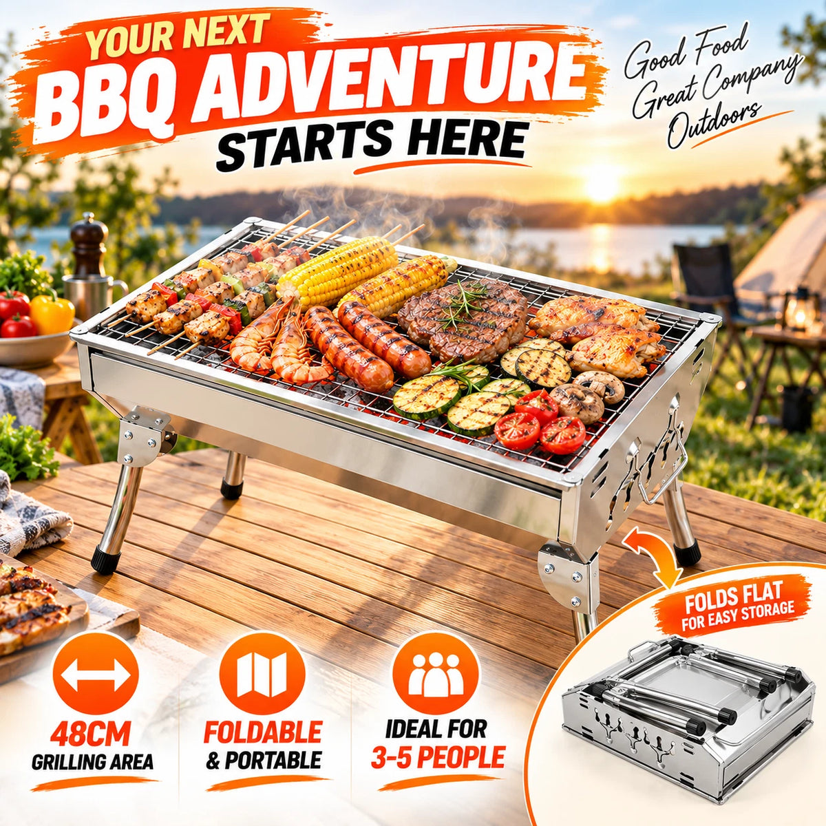 Portable Charcoal BBQ Grill 48cm Foldable Stainless Steel Camping Outdoor Barbecue #BBQHH001