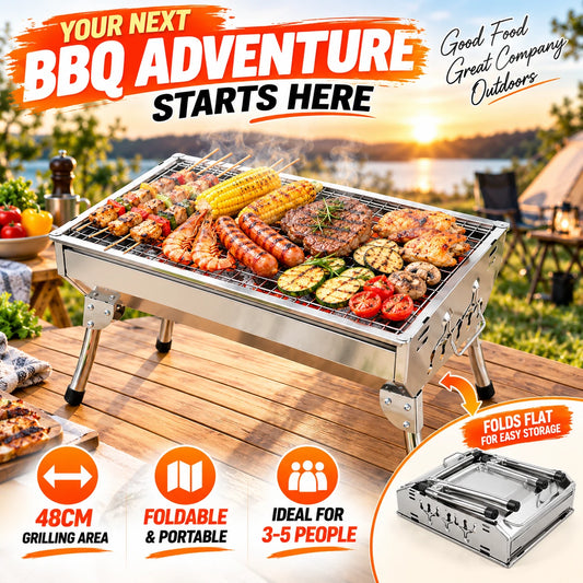 Portable Charcoal BBQ Grill 48cm Foldable Stainless Steel Camping Outdoor Barbecue #BBQHH001