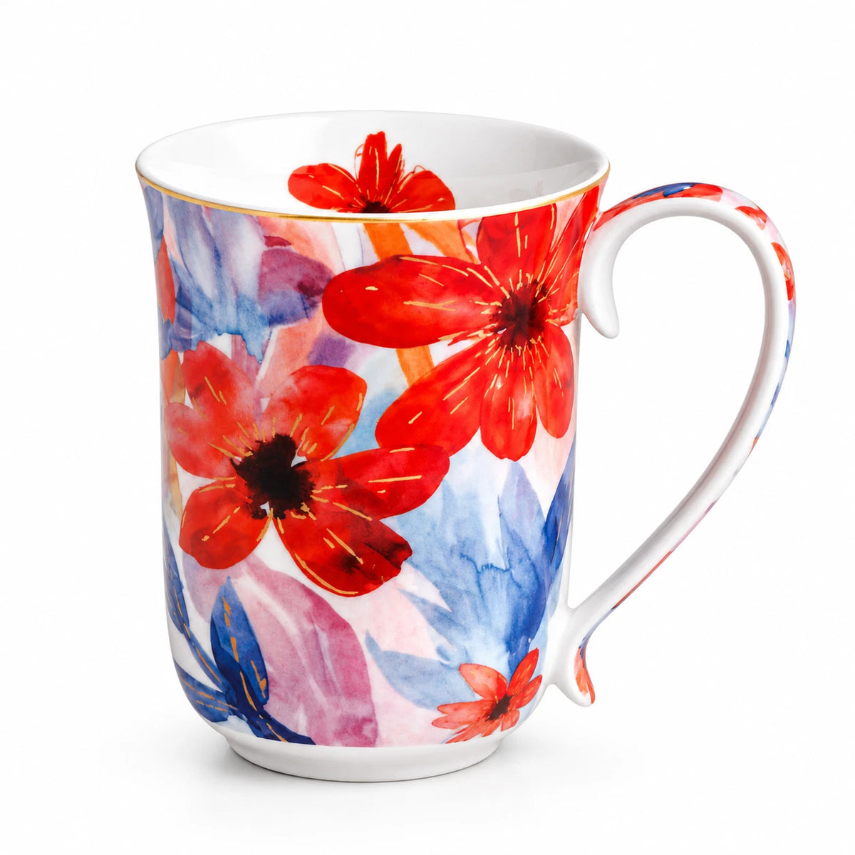 1-6x Watercolour Flora Fine Porcelain Coffee Mug 405cc Coral Flowers Tea Cup