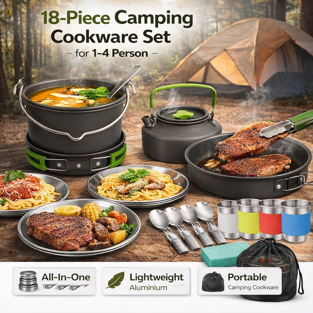 Camping Cookware Set 4 Person Outdoor Cooking Pot Pan Kettle Picnic Hiking Kit