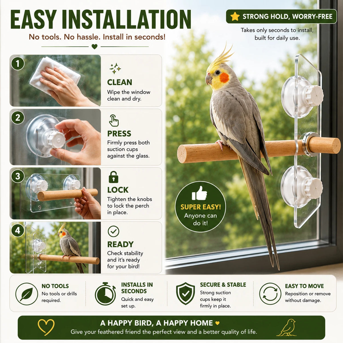 Natural Wood Bird Window Perch 25cm Suction Cup Seat Stand For Budgie Cockatiel