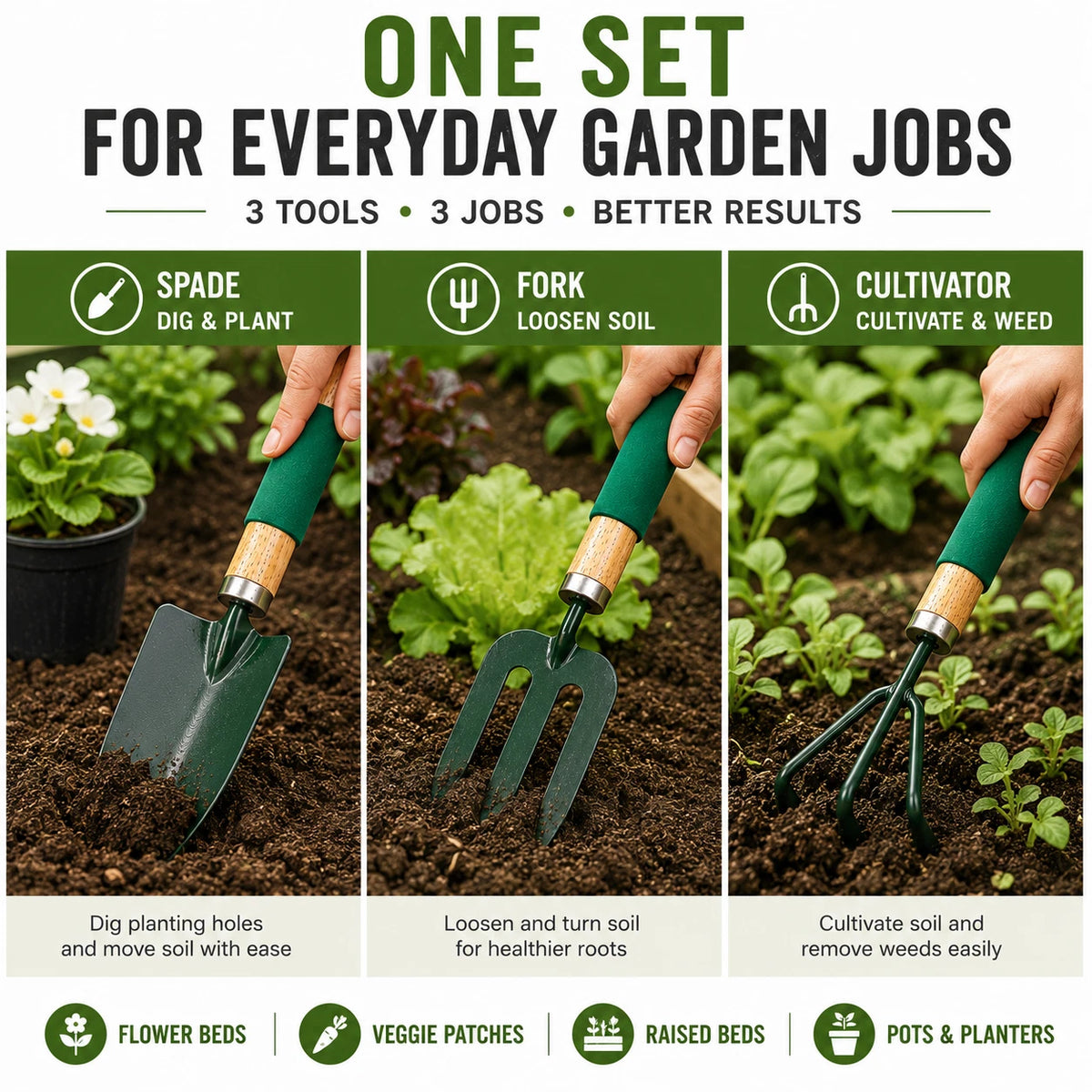 3 Pieces Garden Tool Set Hand Trowel Fork Cultivator Digging Planting Weeding