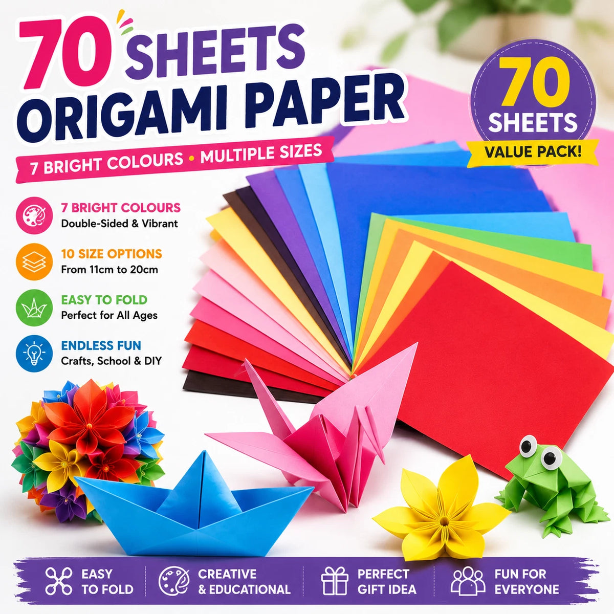 2 Pack 70 Sheets Origami Paper 7 Colours Square Folding Craft Paper Mixed Sizes DIY Kid