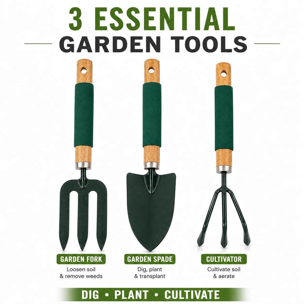 3 Pieces Garden Tool Set Hand Trowel Fork Cultivator Digging Planting Weeding