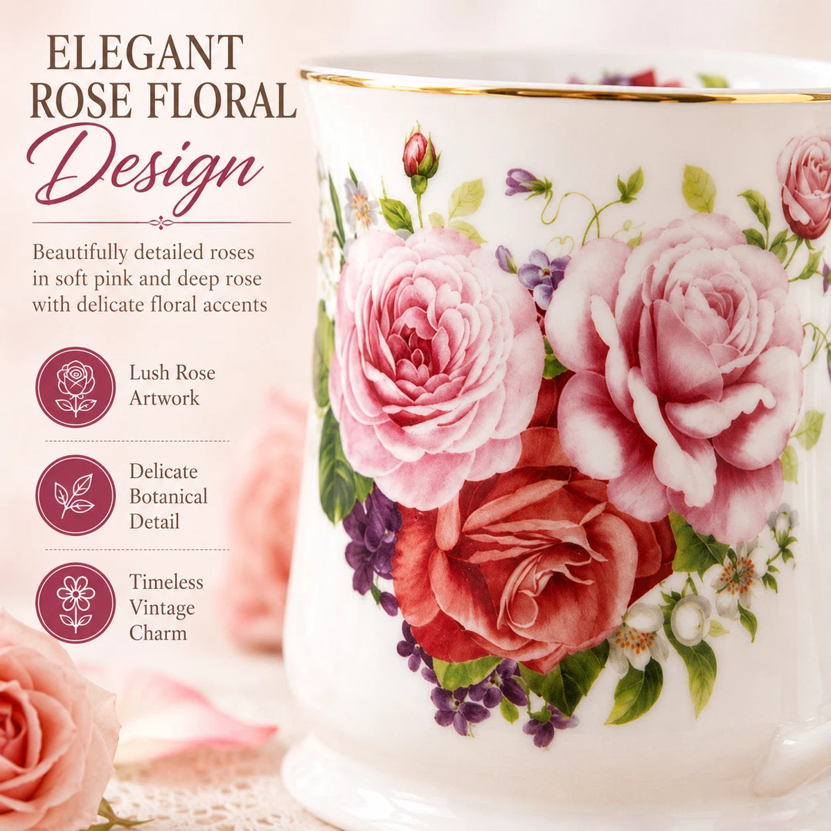 1-6x Vintage Pink Rose Mug 415ml Fine Porcelain Coffee Tea Cup Floral Gift