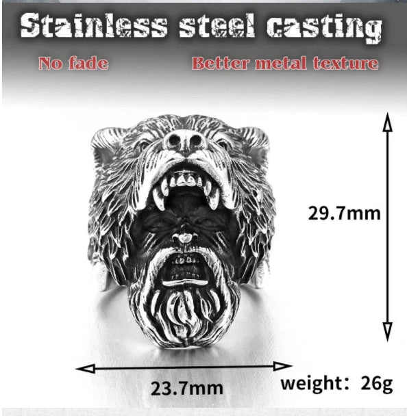 Men's Premium Norse Viking Ring Bear Head & Warrior Gothic Punk Style Biker Band # R96