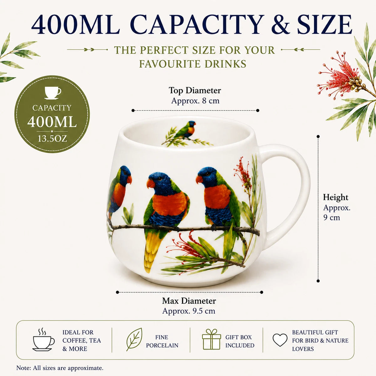 1-6x Rainbow Lorikeet Mug 400ml Fine Porcelain Australian Bird Coffee Tea Cup Gift