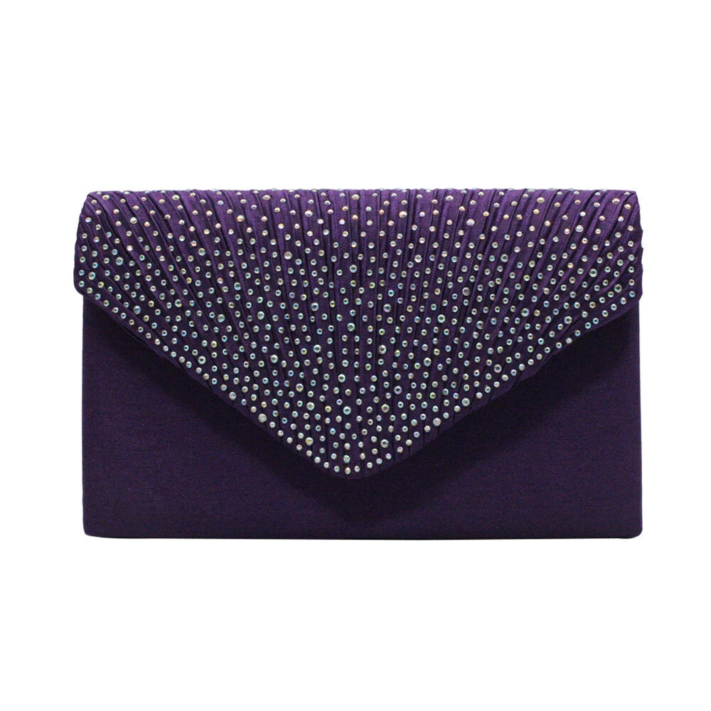 Women Rhinestone Satin Evening Clutch Bag Wedding Party Formal Bridal Handbag 12 Colour